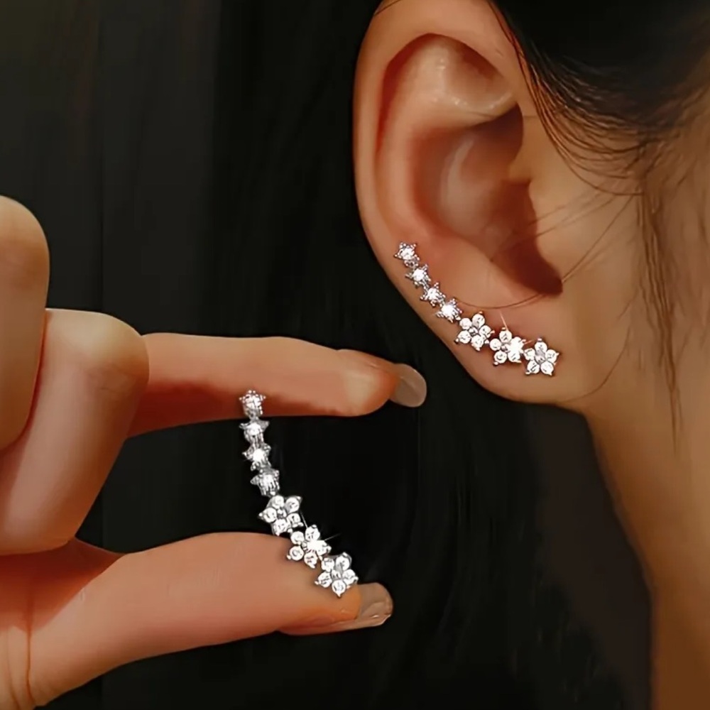 Elegant Silver tone rhinestone floral ear climber stud Earrings women girls NWT